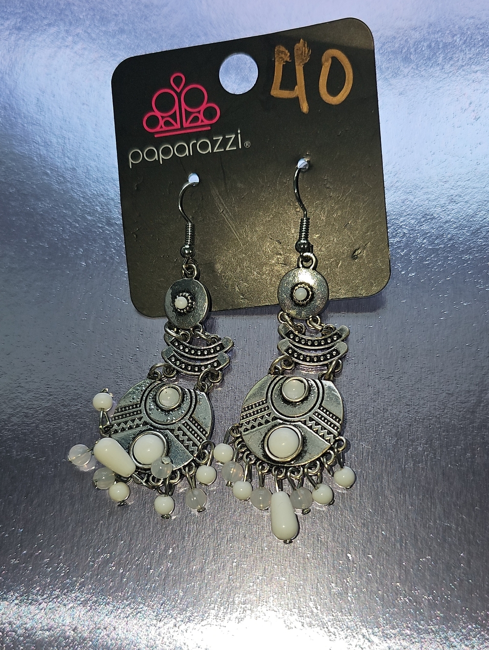 Paparazzi Silver Tone White Bead Dangle Earrings
